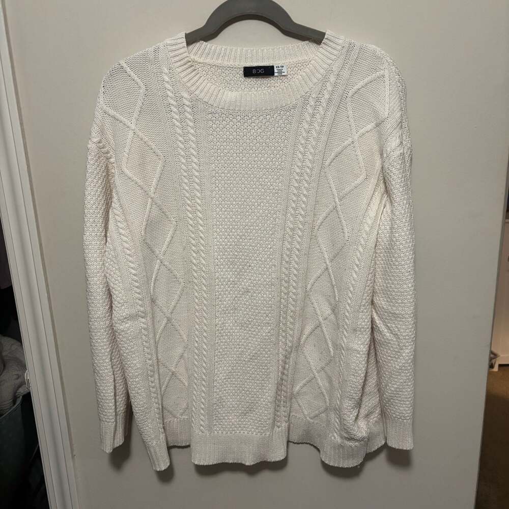 BDG Urban Outfitters Cream Cable Knit Fisherman Sweater with Elbow Patches